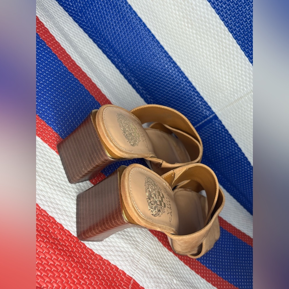 NWOT Vince Camuto Slip On Suede Criss Cross Stap Tan Women's Block Heels Mules 8 - Picture 16 of 16